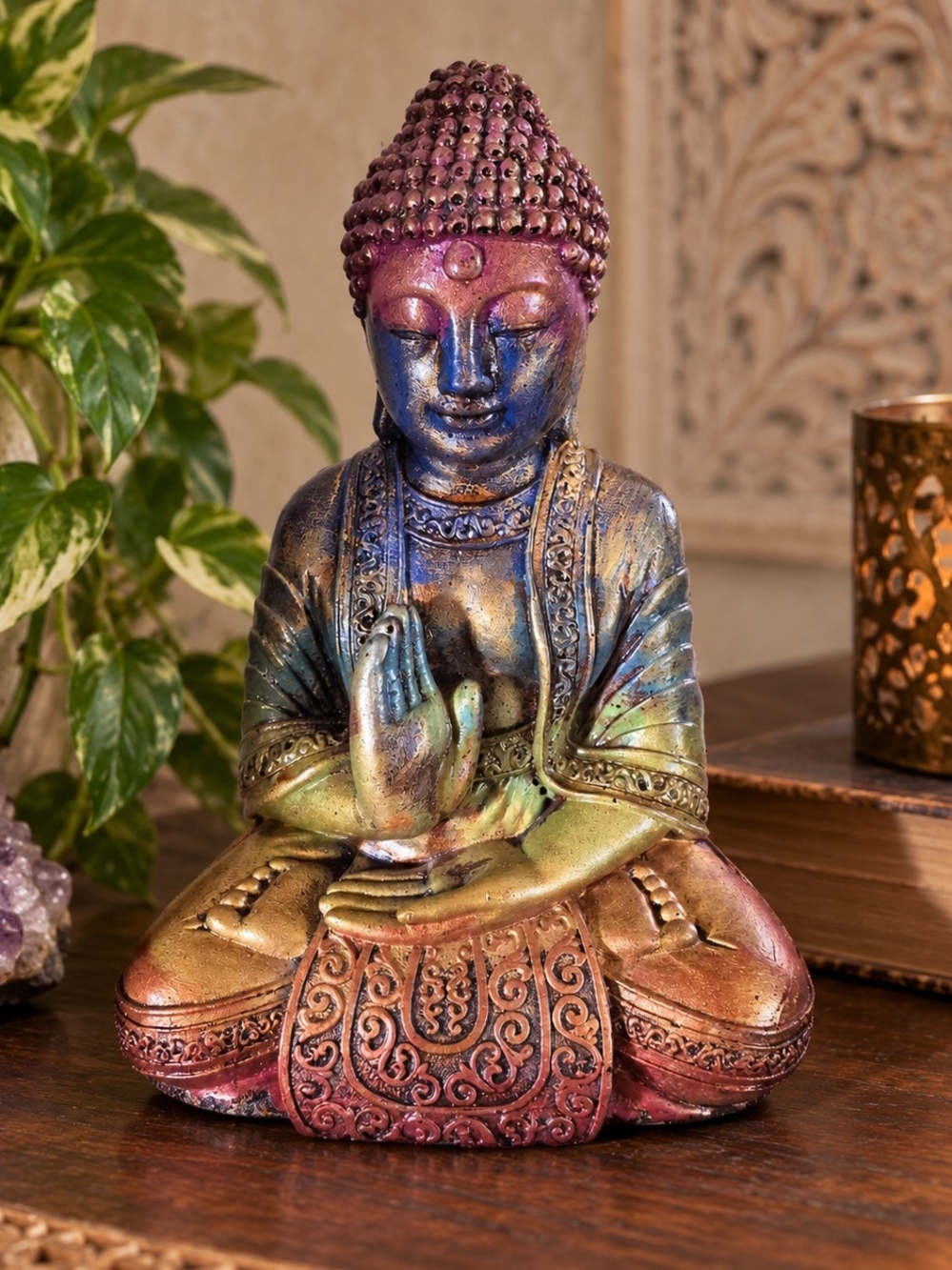 Hand Painted Buddha Statue Heavy Cast Concrete Style Multicolor 10” Zen Decor